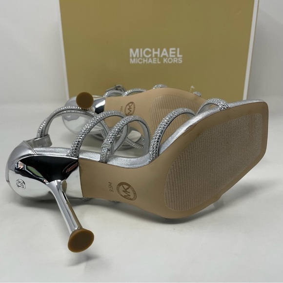 MICHAEL MICHAEL KORS Imani Strappy High Heel Leather Sandal in Silver - NWT - Picture 12 of 13